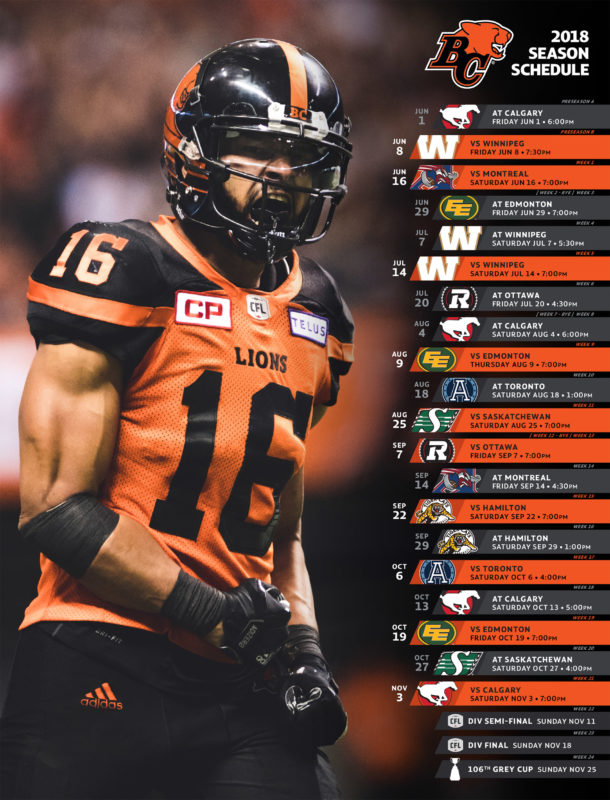 BC Lions 2018 Schedule FVN