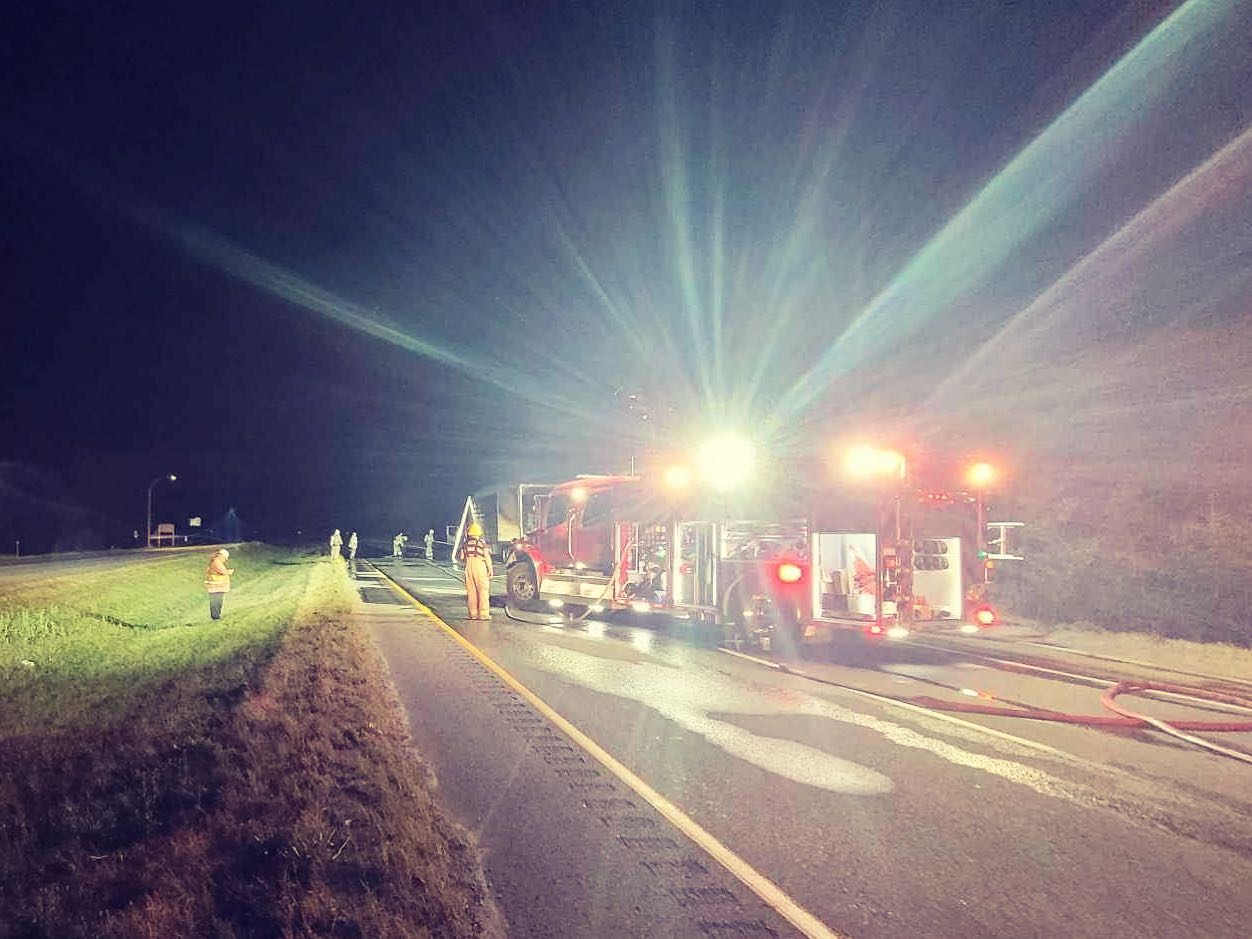 Hope Fire Semi Burning on Highway 3 Flames Into Roadside Bushes FVN