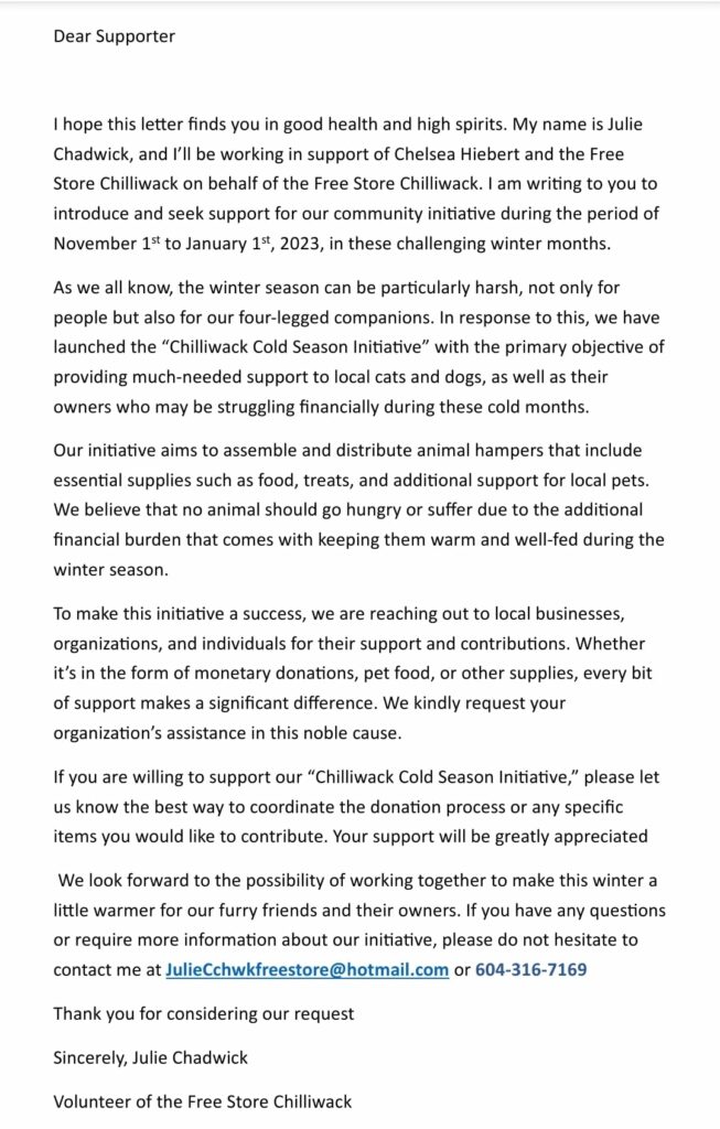 Free Store Chilliwack Cold Season Initiative Need for Pet Food