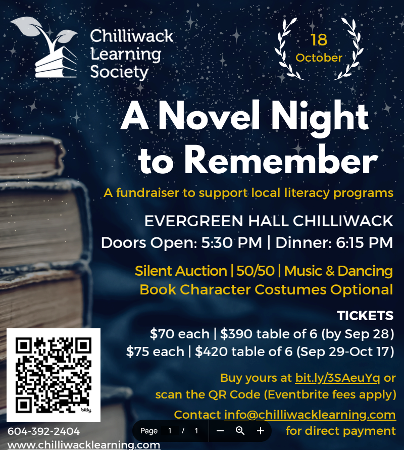 2025’s A Novel Night to Remember – Saturday October 18 Fundraiser to Support Literacy Programs Run by Chilliwack Learning Society